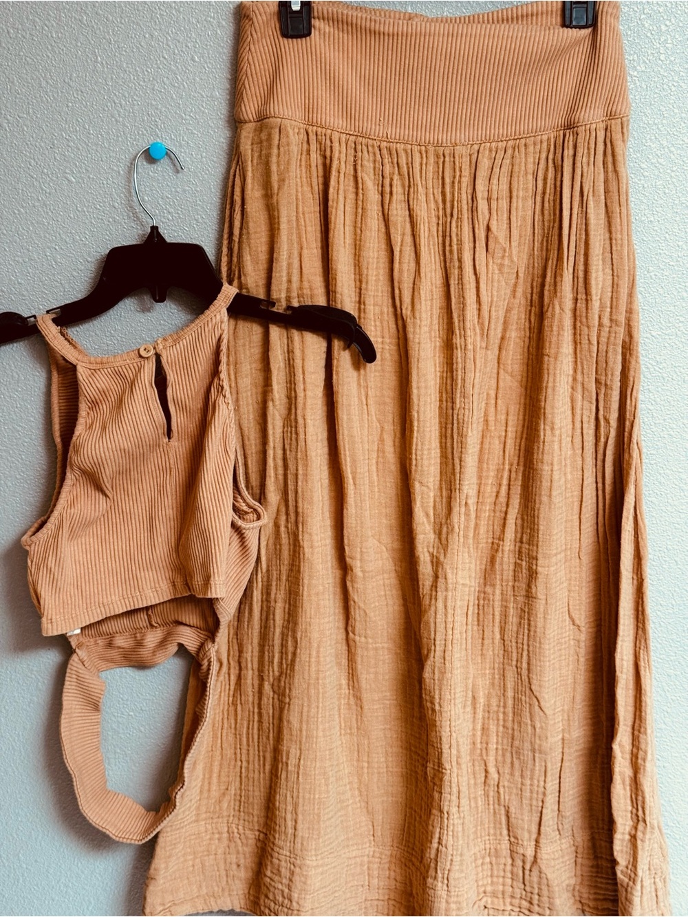 Free People Camel Ribbed Crop Top & Button-Front Maxi Skirt Set - Picture 3 of 5